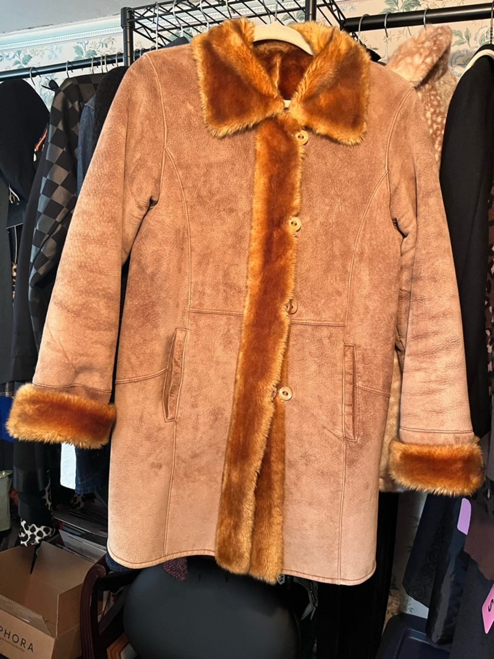 ambition Taupe Suede-Style Trench Coat with Amber Fur Trim